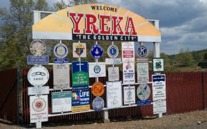 The Welcome to Rio Linda sign would be similar in function to this one found in Yreka.